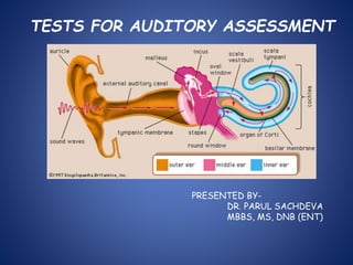 TESTS FOR AUDITORY ASSESSMENT
PRESENTED BY-
DR. PARUL SACHDEVA
MBBS, MS, DNB (ENT)
 