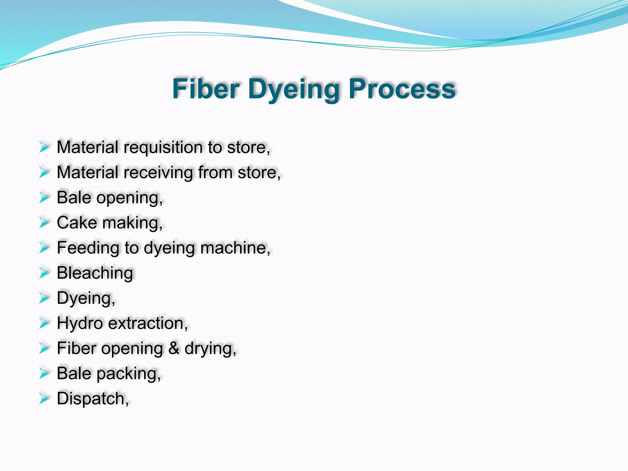 Fiber Dyeing Process
 Material requisition to store,
 Material receiving from store,
 Bale opening,
 Cake making,
 Feeding to dyeing machine,
 Bleaching
 Dyeing,
 Hydro extraction,
 Fiber opening & drying,
 Bale packing,
 Dispatch,
 