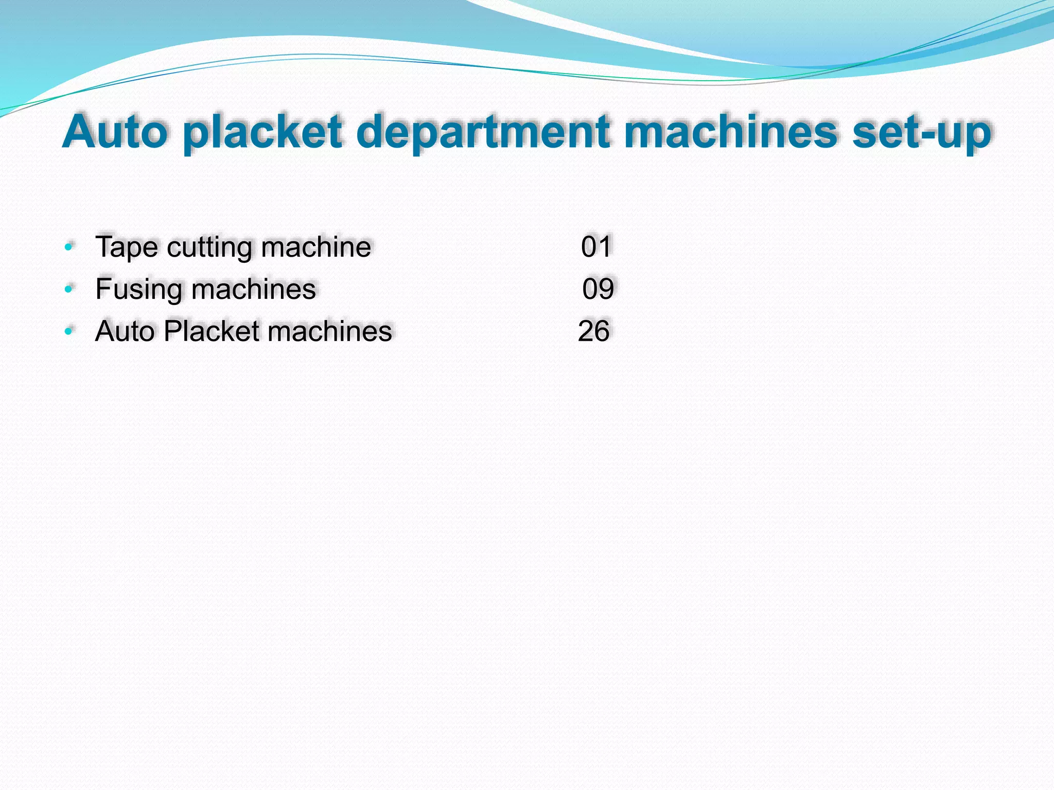 Auto placket department machines set-up
• Tape cutting machine 01
• Fusing machines 09
• Auto Placket machines 26
 