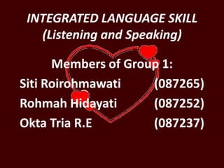 INTEGRATED LANGUAGE SKILL (Listening and Speaking) Members of Group 1: SitiRoirohmawati		(087265) RohmahHidayati		(087252) OktaTria R.E			(087237) 