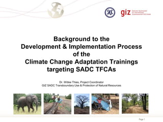 Page 1
Background to the
Development & Implementation Process
of the
Climate Change Adaptation Trainings
targeting SADC TFCAs
Dr. Wibke Thies, Project Coordinator
GIZ SADC Transboundary Use & Protection of Natural Resources
 
