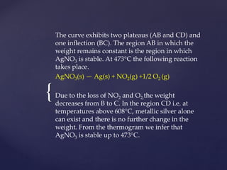 {
The curve exhibits two plateaus (AB and CD) and
one inflection (BC). The region AB in which the
weight remains constant is the region in which
AgNO3 is stable. At 473°C the following reaction
takes place.
AgNO3(s) — Ag(s) + NO2(g) +1/2 O2 (g)
Due to the loss of NO2 and O2,the weight
decreases from B to C. In the region CD i.e. at
temperatures above 608°C, metallic silver alone
can exist and there is no further change in the
weight. From the thermogram we infer that
AgNO3 is stable up to 473°C.
 