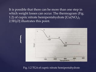 {
It is possible that there can be more than one step in
which weight losses can occur. The thermogram (Fig.
1.2) of cupric nitrate hemipentahydrate [Cu(NO3)2
2.5H2O] illustrates this point.
Fig. 1.2 TGA of cupric nitrate hemipentahydrate
 