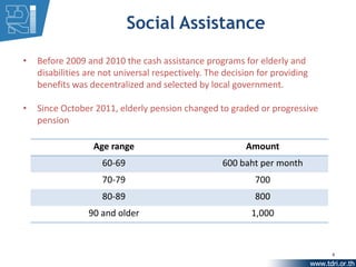 Social Assistance
•   Before 2009 and 2010 the cash assistance programs for elderly and
    disabilities are not universal respectively. The decision for providing
    benefits was decentralized and selected by local government.

•   Since October 2011, elderly pension changed to graded or progressive
    pension

                  Age range                               Amount
                     60-69                          600 baht per month
                     70-79                                   700
                     80-89                                   800
                 90 and older                               1,000



                                                                              6
 