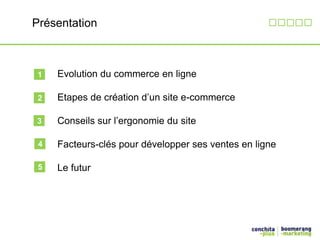 Présentation 
Evolution du commerce en ligne 
Etapes de création d’un site e-commerce 
Conseils sur l’ergonomie du site 
Facteurs-clés pour développer ses ventes en ligne 
Le futur 
1 
2 
3 
4 
5 
 