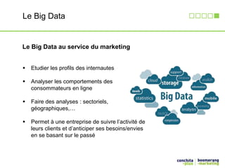 Le Big Data 
Le Big Data au service du marketing 
 Etudier les profils des internautes 
 Analyser les comportements des 
consommateurs en ligne 
 Faire des analyses : sectoriels, 
géographiques,… 
 Permet à une entreprise de suivre l’activité de 
leurs clients et d’anticiper ses besoins/envies 
en se basant sur le passé 
 