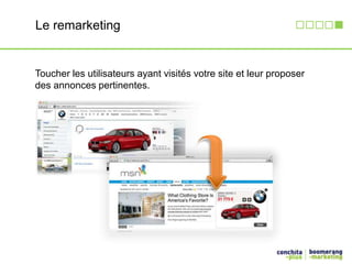 Le remarketing 
Toucher les utilisateurs ayant visités votre site et leur proposer 
des annonces pertinentes. 
 