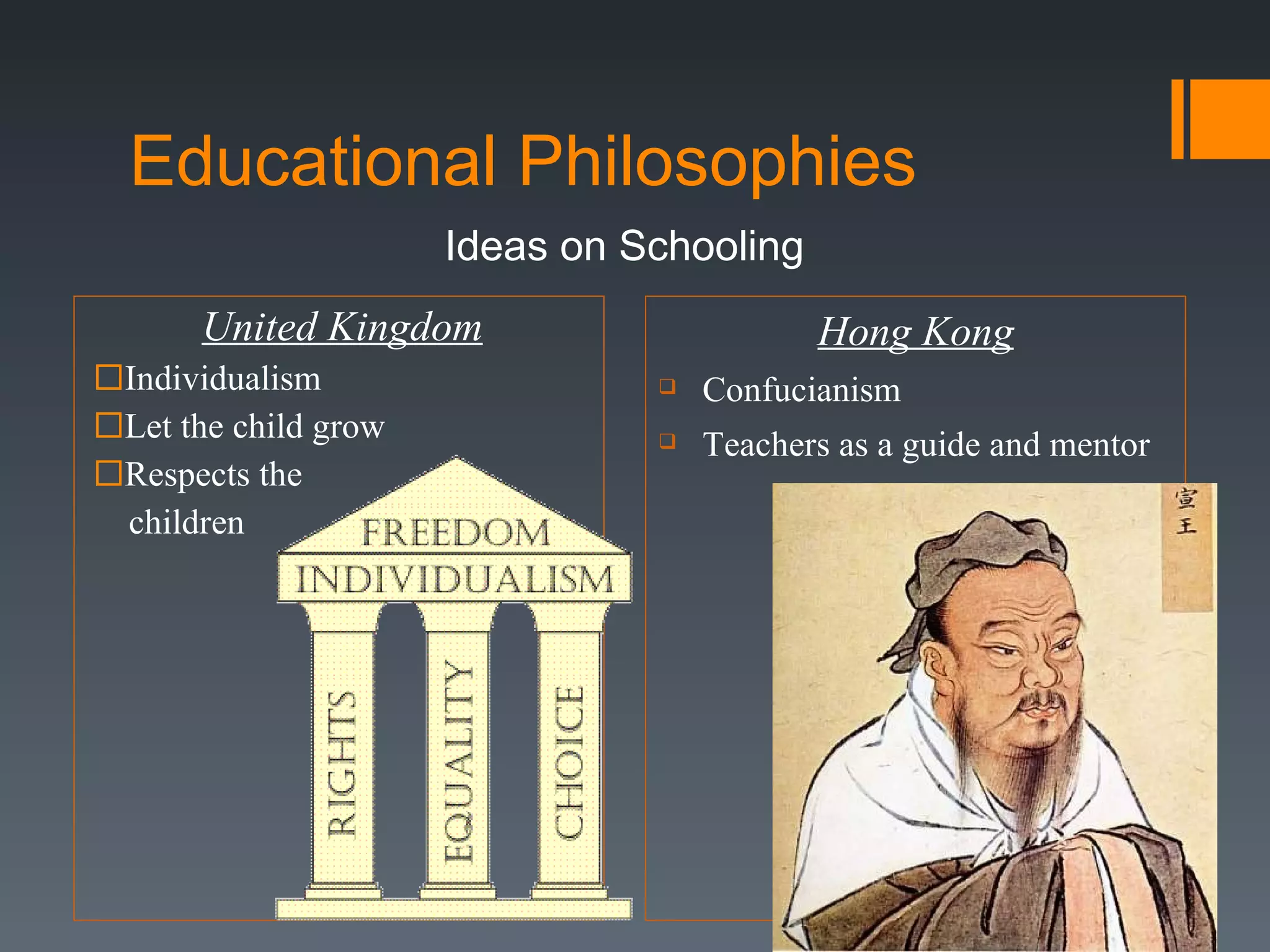 Educational Philosophies  United Kingdom Individualism Let the child grow Respects the  children  Hong Kong Confucianism Teachers as a guide and mentor Ideas on Schooling 
