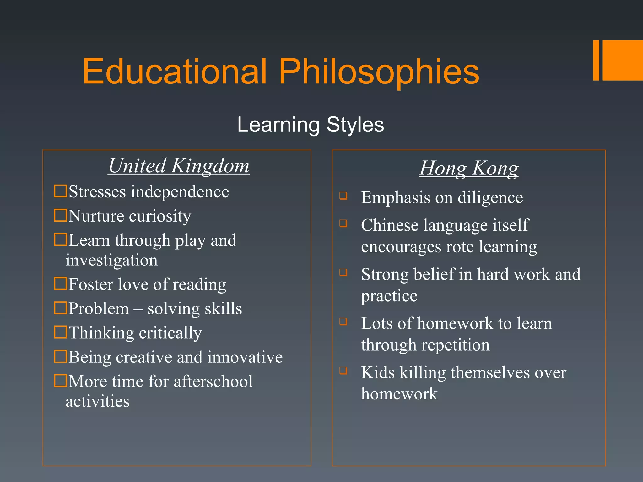 Educational Philosophies  United Kingdom Stresses independence Nurture curiosity Learn through play and investigation Foster love of reading  Problem – solving skills Thinking critically Being creative and innovative More time for afterschool activities Hong Kong Emphasis on diligence Chinese language itself encourages rote learning Strong belief in hard work and practice Lots of homework to learn through repetition Kids killing themselves over homework  Learning Styles 