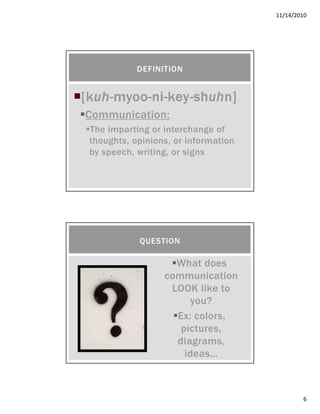 11/14/2010
6
[[[[kkkkuhuhuhuh----myoomyoomyoomyoo----nininini----keykeykeykey----shshshshuhuhuhuhnnnn]]]]
Communication:
The imparting or interchange of
thoughts, opinions, or information
by speech, writing, or signs
DEFINITION
What does
communication
LOOK like to
you?
Ex: colors,
pictures,
diagrams,
ideas…
QUESTION
 