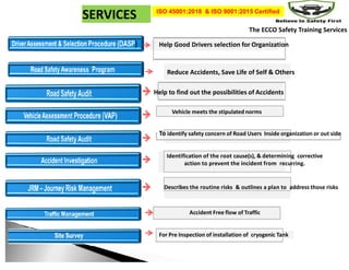 SERVICES
Help Good Drivers selection for Organization
Help to find out the possibilities of Accidents
Vehicle meets the stipulatednorms
To identify safety concern of Road Users Inside organization or out side
Identification of the root cause(s), & determining corrective
action to prevent the incident from recurring.
Describes the routine risks & outlines a plan to address those risks
Accident Free flow of Traffic
For Pre Inspection of installation of cryogenic Tank
Reduce Accidents, Save Life of Self & Others
The ECCO Safety Training Services
ISO 45001:2018 & ISO 9001:2015 Certified
 