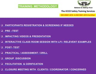TRAINING METHODOLOGY
The ECCO Safety Training Services
 PARTICIPANTS REGISTRATION & SCREENING IF NEEDED
 PRE –TEST
 IMPACTING VIDEOS & PRESENTATION
 INTERACTIVE CLASS ROOM SESSION WITH LFI / RELEVENT EXAMPLES
 POST- TEST
 PRACTICAL / ASSESSMENT / DRILL
 GROUP DISCUSSION
 FECILITATION & CERIFICATION
 CLOSURE MEETING WITH CLIENTS / COORDINATOR / CONCERNED
ISO 45001:2018 & ISO 9001:2015 Certified
 