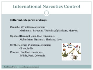 International Narcotics Control
Different categories of drugs:
Cannabis 177 million consumers
Marihuana: Paraguay / Hachis: Afghanistan, Morocco
Opiates (Heroine) 49 million consumers
Afghanistan, Myanmar, Thailand, Laos.
Synthetic drugs 43 million consumers
China, India
Cocaine 17 million consumers
Bolivia, Perú, Colombia
Ps. Mónica Riveros www.online-psicoterapia.com
 