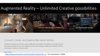 Augmented Reality – Unlimited Creative possibilities
https://www.microsoft.com/microsoft-hololens/en-us - For consumers in 2016.
 