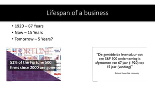 Lifespan of a business
• 1920 – 67 Years
• Now – 15 Years
• Tomorrow – 5 Years?
 