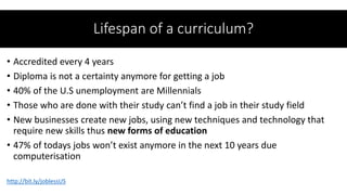 • Accredited every 4 years
• Diploma is not a certainty anymore for getting a job
• 40% of the U.S unemployment are Millennials
• Those who are done with their study can’t find a job in their study field
• New businesses create new jobs, using new techniques and technology that
require new skills thus new forms of education
• 47% of todays jobs won’t exist anymore in the next 10 years due
computerisation
Lifespan of a curriculum?
http://bit.ly/joblessUS
 