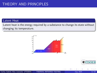 THEORY AND PRINCIPLES
Latent Heat
Latent heat is the energy required by a substance to change its state without
changing its temperature.
Carlos, Gabriel, Alan, Leonardo (ITSOEH) THERMAL INFRARED TESTING may, 2024 8 / 24
 