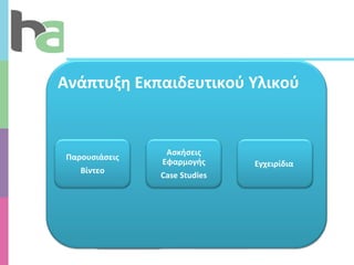 Ανάπτυξη Εκπαιδευτικού Υλικού Παρουσιάσεις Βίντεο Ασκήσεις Εφαρμογής Case Studies Εγχειρίδια  