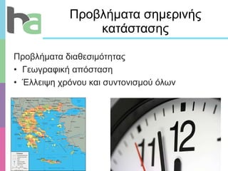 Προβλήματα σημερινής κατάστασης Προβλήματα διαθεσιμότητας Γεωγραφική απόσταση   Έλλειψη χρόνου και συντονισμού όλων 