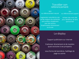 Travailler son
référencement
Le display
SEO
ou référencement naturel
Augmenter notoriété du site
via les moteurs de recherche
sans artifice, simplement
avec des actions
d'optimisation directement
sur le site
SEA
ou référencement payant
Acheter des mots clés
pour bénéficier de liens
sponsorisés
Support publicitaire sur internet
S'adresser directement et de manière
quasi exclusive à ses prospects
sous forme de bannières, habillage de
page ou autres 
 