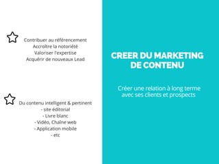STARSCREER DU
MARKETING DE
CONTENU
Contribuer au référencement
Accroître la notoriété
Valoriser l'expertise
Acquérir de nouveaux Lead
Du contenu intelligent & pertinent
- site éditorial
- Livre blanc
- Vidéo, Chaîne web
- Application mobile
- etc
CREER DU MARKETING
DE CONTENU
Créer une relation à long terme
avec ses clients et prospects 
 