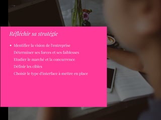 Identifier la vision de l'entreprise
Déterminer ses forces et ses faiblesses
Etudier le marché et la concurrence
Définir les cibles
Choisir le type d'interface à mettre en place
Réfléchir sa stratégie 
 