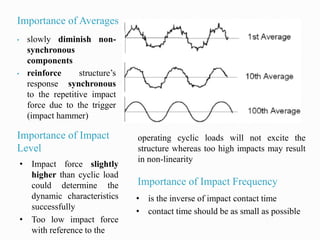 Importance of Averages
• slowly diminish non-
synchronous
components
• reinforce structure’s
response synchronous
to the repetitive impact
force due to the trigger
(impact hammer)
• Impact force slightly
higher than cyclic load
could determine the
dynamic characteristics
successfully
• Too low impact force
with reference to the
operating cyclic loads will not excite the
structure whereas too high impacts may result
in non-linearity
Importance of Impact
Level
Importance of Impact Frequency
• is the inverse of impact contact time
• contact time should be as small as possible
 