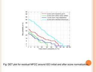 Fig: DET plot for residual MFCC around GCI initial and after score normalization.
1 2 5 10 20 40 60 80 90 95 98 99
1
2
5
10
20
40
60
80
90
95
98
99
False Alarm probability (in %)
Missprobability(in%)
score norm baseline gmm
score norm white noise added
score norm map adaptation
score norm residual around gci
 