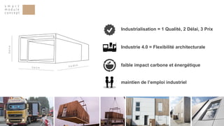 maintien de l’emploi industriel
Industrie 4.0 = Flexibilité architecturale
faible impact carbone et énergétique
Industrialisation = 1 Qualité, 2 Délai, 3 Prix
 