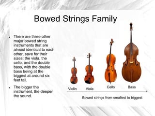 Bowed Strings Family




There are three other
major bowed string
instruments that are
almost identical to each
other, save for their
sizes: the viola, the
cello, and the double
bass, with the double
bass being at the
biggest at around six
feet tall.
The bigger the
instrument, the deeper
the sound.

Violin

Viola

Cello

Bass

Bowed strings from smallest to biggest

 