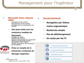 Management pour l’ingénieur Nouvelle base depuis 2007 Management de projet Management de la qualité Management et organisation du travail Une base outils avec de nombreux modèles de document Feuilles de calcul Modèles de contrat Matrice d’évaluation du personnel Matrice de documents pour l’évaluation des risques Modèle de gestion documentaire de la qualité … Prise en compte de la dimension croissante du Manager-Ingénieur Inconvénient Navigation par thème moins ergonomique Recherche simple Pas de téléchargement Un accès par les TI 
