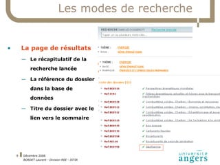 Les modes de recherche La page de résultats Le récapitulatif de la recherche lancée La référence du dossier dans la base de données Titre du dossier avec le lien vers le sommaire 