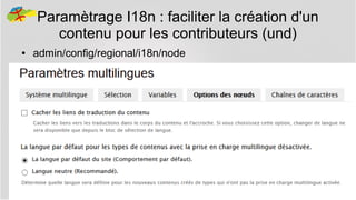 Paramètrage I18n : faciliter la création d'un
contenu pour les contributeurs (und)
●

admin/config/regional/i18n/node

34

 