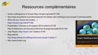Ressources complémentaires
●

Guide multilinguisme et Drupal https://drupal.org/node/417180

●

http://www.drupalfacile.org/videos/episode-35-realiser-site-multilingue-sous-drupal-7-premiere-partie

●

Show off your Drupal site (arabe,...)
https://drupal.org/node/977396

●

Présentation Chipway au Drupagora 2012 schéma D7 D8
http://fr.slideshare.net/chipway/conference-drupagoradrupal8-20121109

●

Jose Reyero http://reyero.net/ créateur d'I18n

●

Blog webnet
http://blog.webnet.fr/multilinguisme-avec-drupal-7-partie-1/

●

http://www.kristen.org/

41

 