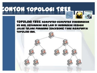 CONTOH TOPOLOGI TREE
TOPOLOGI TREE: Komputer-komputer dihubungkan
ke hub, sedangkan hub lain di hubungkan sebagai
jalur tulang punggung (backbone) yang mempunyai
topologi bus.

 