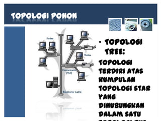 TOPOLOGI POHON
• TOPOLOGI
TREE:
Topologi
terdiri atas
kumpulan
topologi star
yang
dihubungkan
dalam satu

 