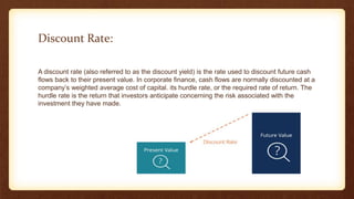 Discount Rate:
A discount rate (also referred to as the discount yield) is the rate used to discount future cash
flows back to their present value. In corporate finance, cash flows are normally discounted at a
company’s weighted average cost of capital. its hurdle rate, or the required rate of return. The
hurdle rate is the return that investors anticipate concerning the risk associated with the
investment they have made.
 