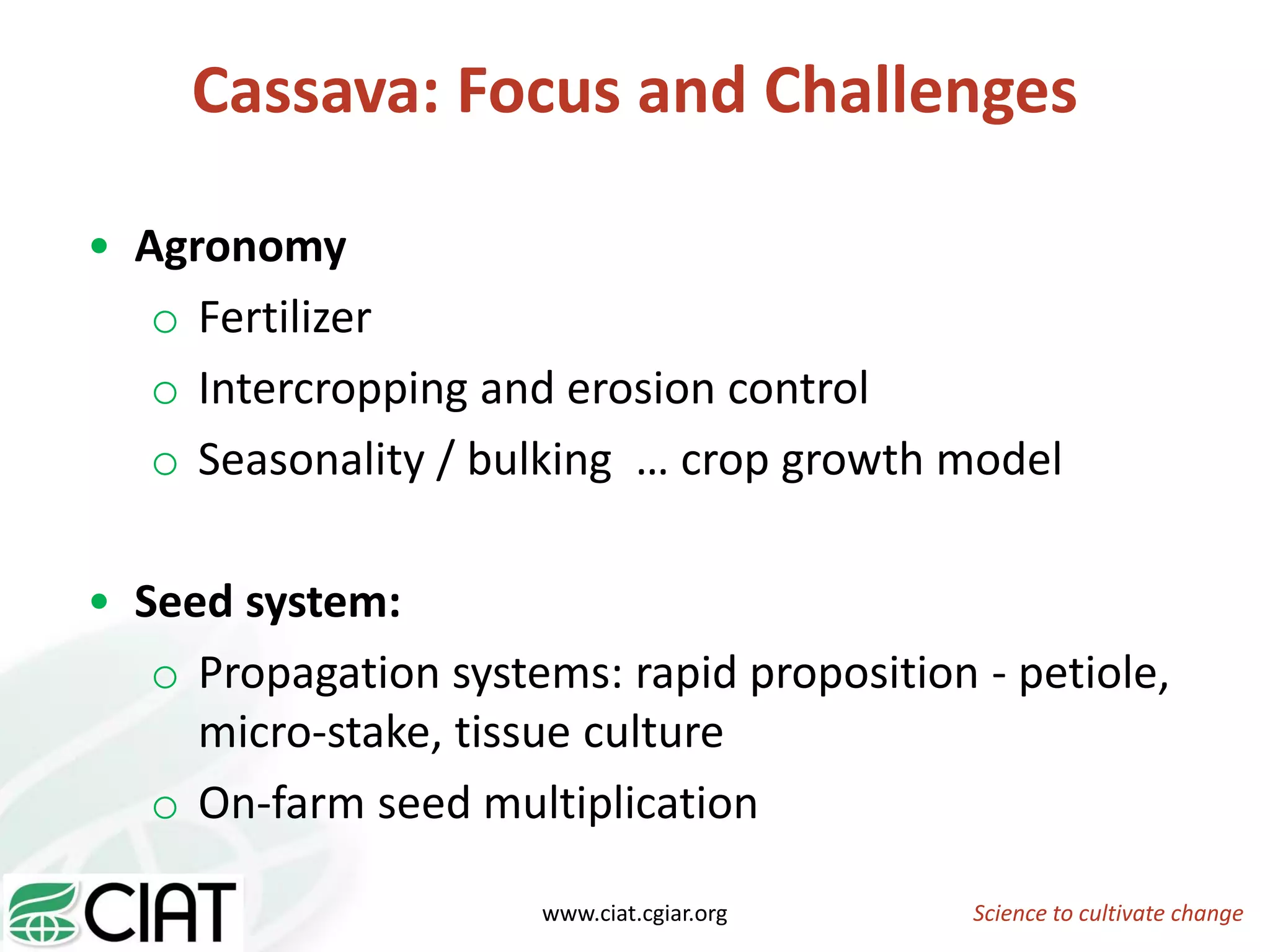 Cassava: Focus and Challenges
• Agronomy
o Fertilizer
o Intercropping and erosion control
o Seasonality / bulking … crop growth model
• Seed system:
o Propagation systems: rapid proposition - petiole,
micro-stake, tissue culture
o On-farm seed multiplication
Science to cultivate changewww.ciat.cgiar.org
 