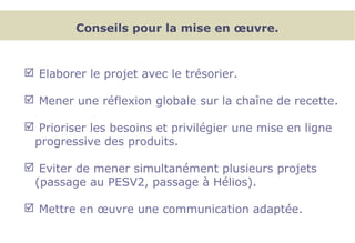 Conseils pour la mise en œuvre.
 Elaborer le projet avec le trésorier.
 Mener une réflexion globale sur la chaîne de recette.
 Prioriser les besoins et privilégier une mise en ligne
progressive des produits.
 Eviter de mener simultanément plusieurs projets
(passage au PESV2, passage à Hélios).
 Mettre en œuvre une communication adaptée.
 