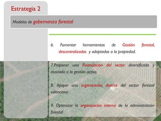 Estrategia 2

Modelos de gobernanza forestal




                  6.    Fomentar     herramientas   de     Gestión    forestal,
                       descentralizadas y adaptadas a la propiedad.

                  7.Proponer una Financiación del sector diversificada y
                  asociada a la gestión activa.

                  8. Apoyar una organización diversa del sector forestal
                  valenciano

                  9. Optimizar la organización interna de la administración
                  forestal
 
