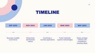TIMELINE
10
SEP 20XX NOV 20XX JAN 20XX MAR 20XX MAY 20XX
Synergize scalable
e-commerce
Disseminate
standardized
metrics
Coordinate e-
business applications
Foster holistically
superior methodologies
Deploy strategic
networks with
compelling e-
business needs
 