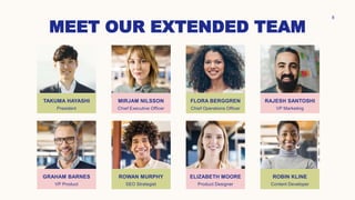 MEET OUR EXTENDED TEAM
TAKUMA HAYASHI
President
GRAHAM BARNES
VP Product
MIRJAM NILSSON
Chief Executive Officer
ROWAN MURPHY
SEO Strategist
FLORA BERGGREN​
Chief Operations Officer
ELIZABETH MOORE
Product Designer
RAJESH SANTOSHI​
VP Marketing
ROBIN KLINE
Content Developer
8
 