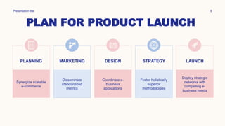 PLAN FOR PRODUCT LAUNCH
Presentation title 9
PLANNING
Synergize scalable
e-commerce
MARKETING
Disseminate
standardized
metrics
DESIGN
Coordinate e-
business
applications
STRATEGY
Foster holistically
superior
methodologies
LAUNCH
Deploy strategic
networks with
compelling e-
business needs
 