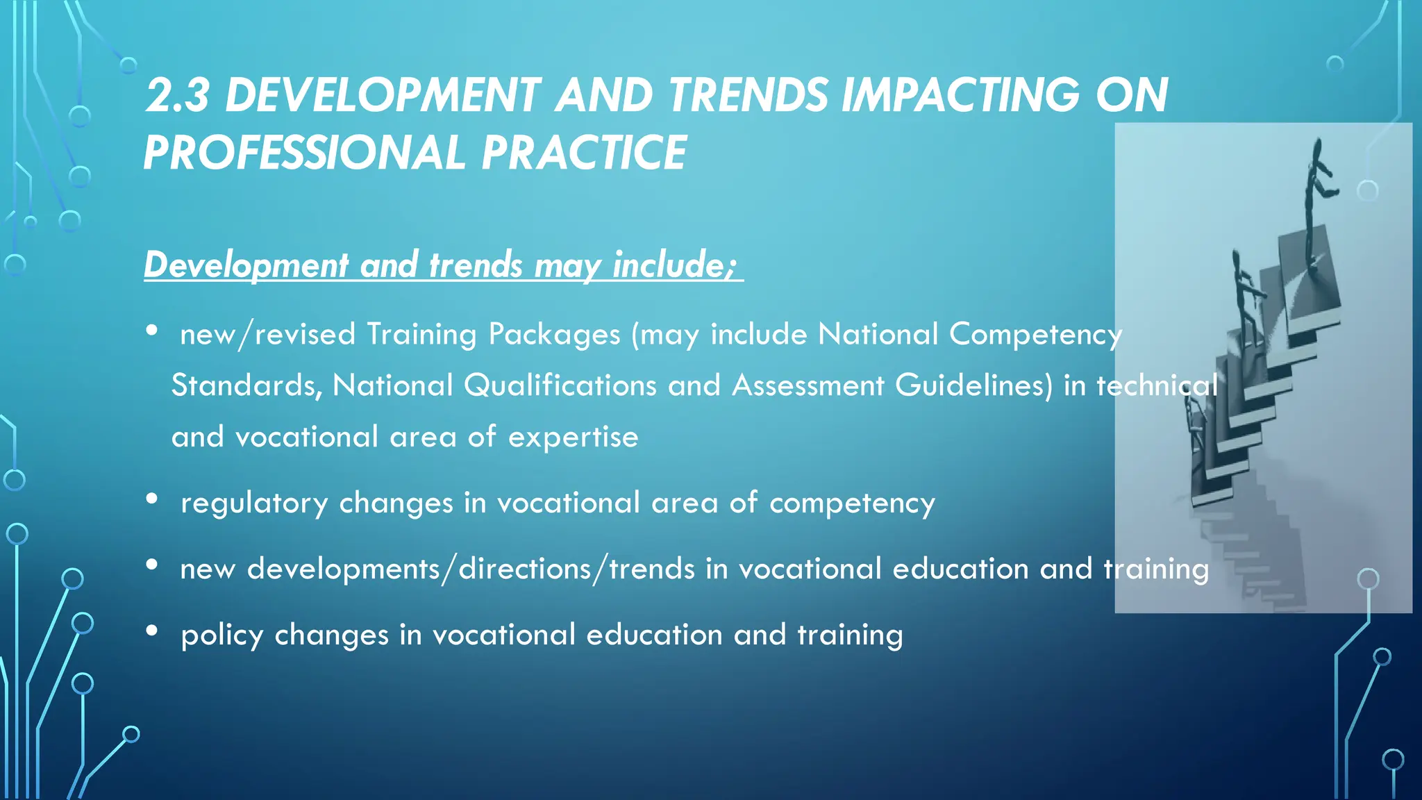 2.3 DEVELOPMENT AND TRENDS IMPACTING ON
PROFESSIONAL PRACTICE
Development and trends may include;
• new/revised Training Packages (may include National Competency
Standards, National Qualifications and Assessment Guidelines) in technical
and vocational area of expertise
• regulatory changes in vocational area of competency
• new developments/directions/trends in vocational education and training
• policy changes in vocational education and training
 