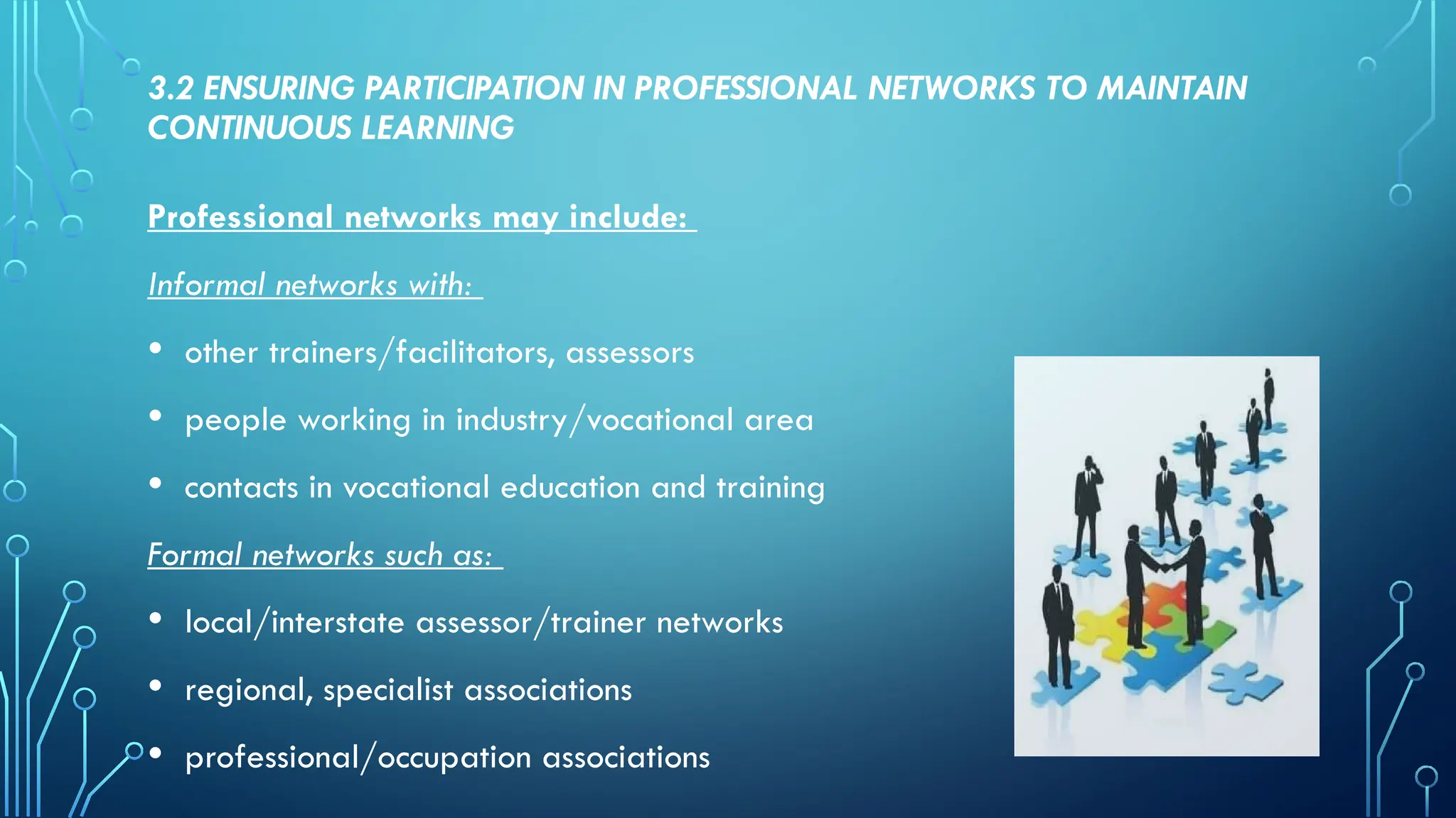 3.2 ENSURING PARTICIPATION IN PROFESSIONAL NETWORKS TO MAINTAIN
CONTINUOUS LEARNING
Professional networks may include:
Informal networks with:
• other trainers/facilitators, assessors
• people working in industry/vocational area
• contacts in vocational education and training
Formal networks such as:
• local/interstate assessor/trainer networks
• regional, specialist associations
• professional/occupation associations
 