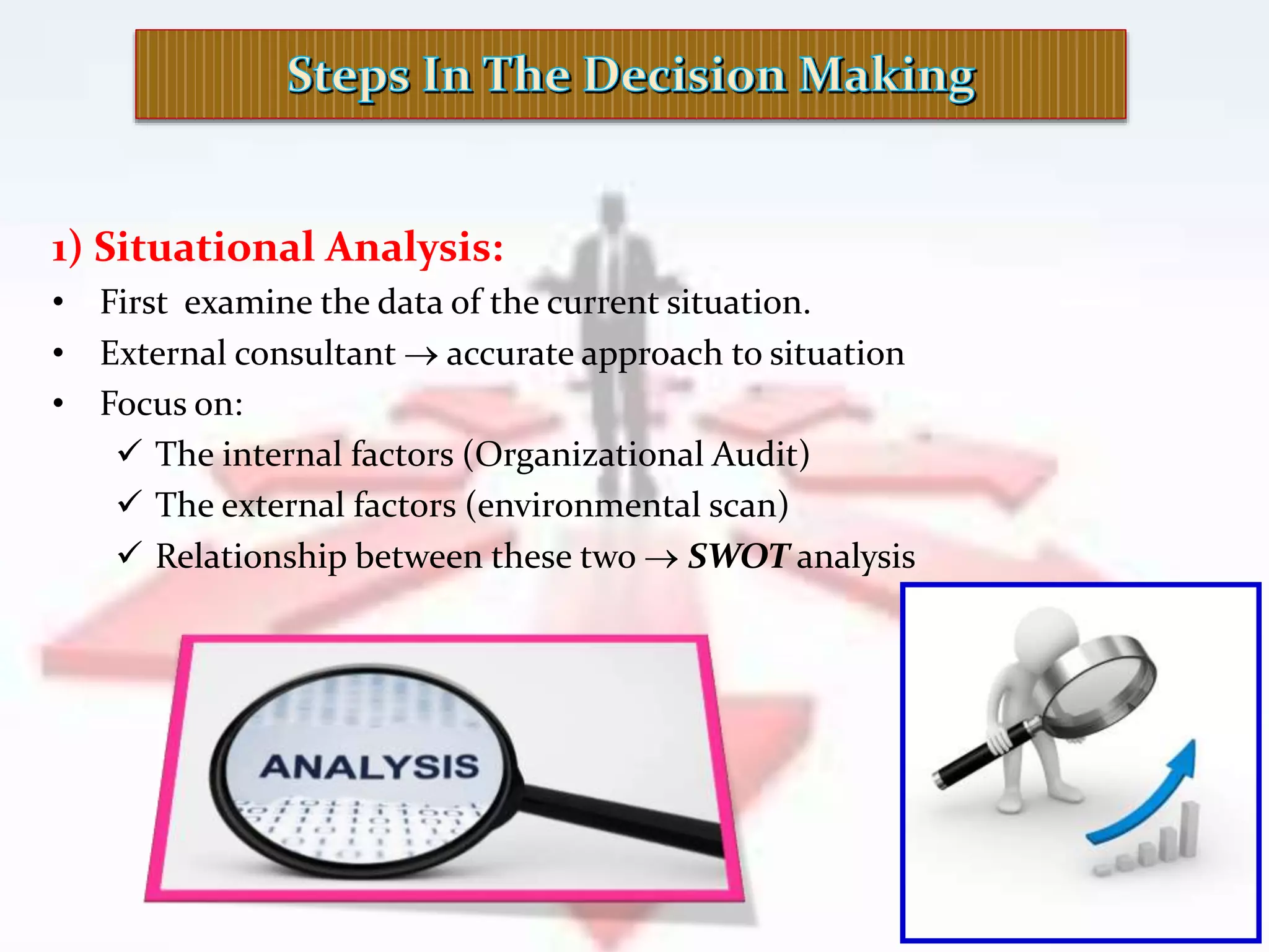 1) Situational Analysis:
• First examine the data of the current situation.
• External consultant  accurate approach to situation
• Focus on:
 The internal factors (Organizational Audit)
 The external factors (environmental scan)
 Relationship between these two  SWOT analysis
 