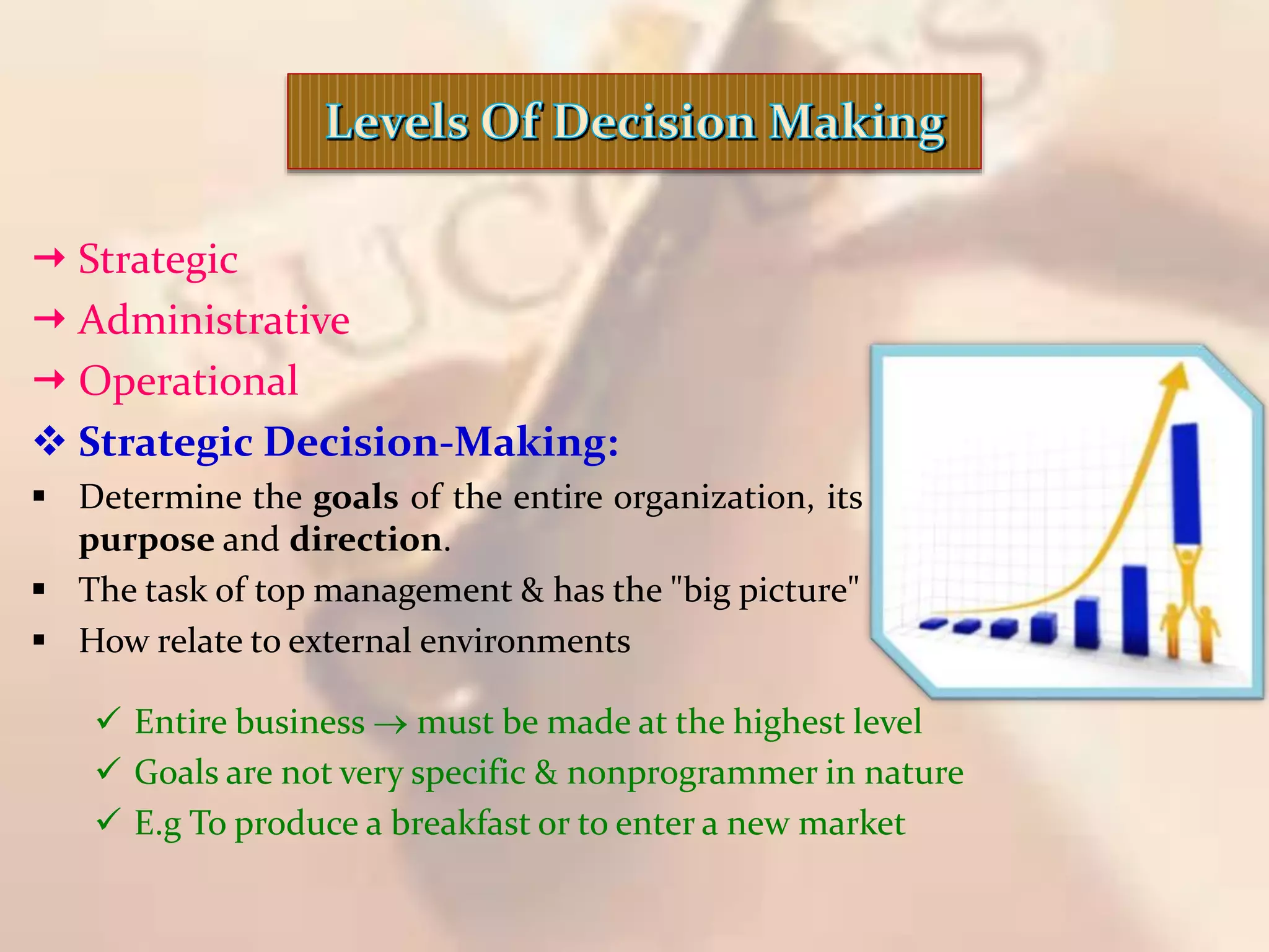 Strategic
 Administrative
 Operational
 Strategic Decision-Making:
 Determine the goals of the entire organization, its
purpose and direction.
 The task of top management & has the "big picture"
 How relate to external environments
 Entire business  must be made at the highest level
 Goals are not very specific & nonprogrammer in nature
 E.g To produce a breakfast or to enter a new market
 