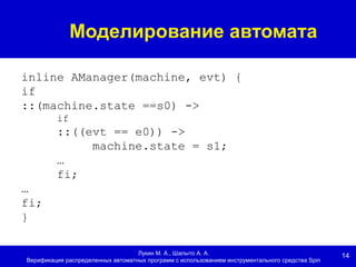 14
Моделирование автомата
Лукин М. А., Шалыто А. А.
Верификация распределенных автоматных программ с использованием инструментального средства Spin
inline AManager(machine, evt) {
if
::(machine.state ==s0) ->
if
::((evt == e0)) ->
machine.state = s1;
…
fi;
…
fi;
}
 