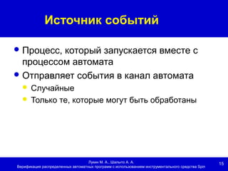 15
Источник событий
Лукин М. А., Шалыто А. А.
Верификация распределенных автоматных программ с использованием инструментального средства Spin
Процесс, который запускается вместе с
процессом автомата
Отправляет события в канал автомата
 Случайные
 Только те, которые могут быть обработаны
 