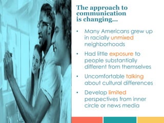 The approach to
communication
is changing…
•  Many Americans grew up
in racially unmixed
neighborhoods
•  Had little exposure to
people substantially
different from themselves
•  Uncomfortable talking
about cultural differences
•  Develop limited
perspectives from inner
circle or news media
 